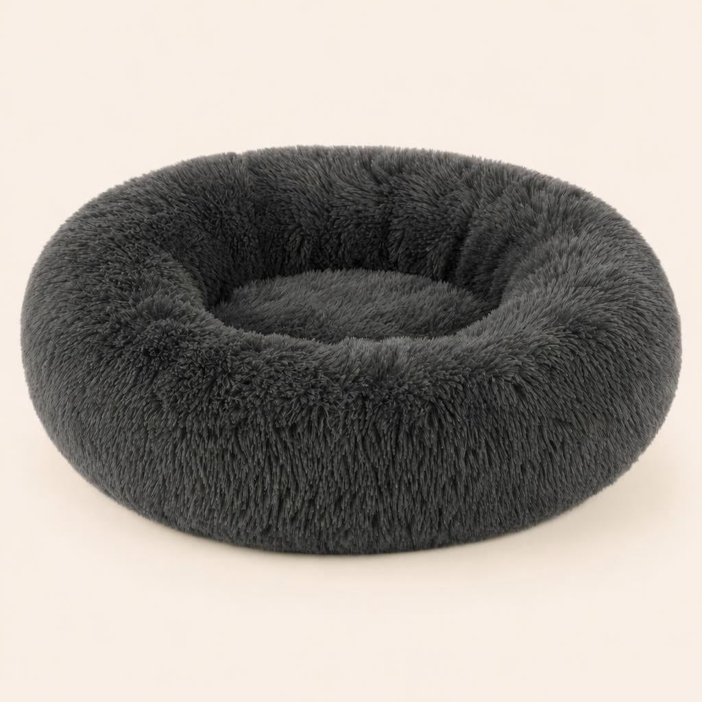Cama donut de peluche redonda color gris oscuro para perros y gatos