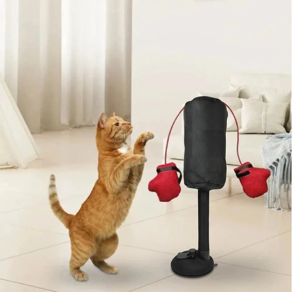 Cartoon Cat Punching Bag Toy with Boxing Gloves Suction Cup Indoor Pet Toy for Kittens & Adult Cats Color Random Shipped