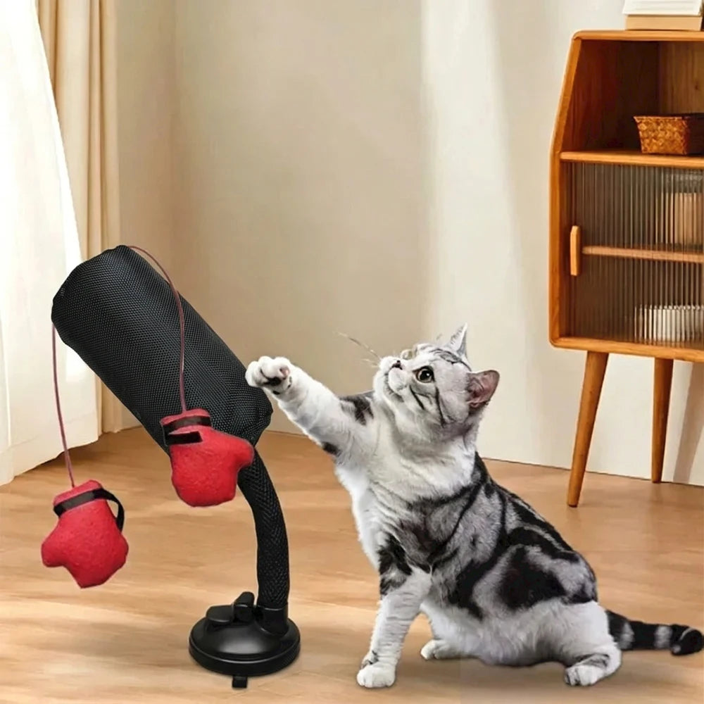 Cartoon Cat Punching Bag Toy with Boxing Gloves Suction Cup Indoor Pet Toy for Kittens & Adult Cats Color Random Shipped