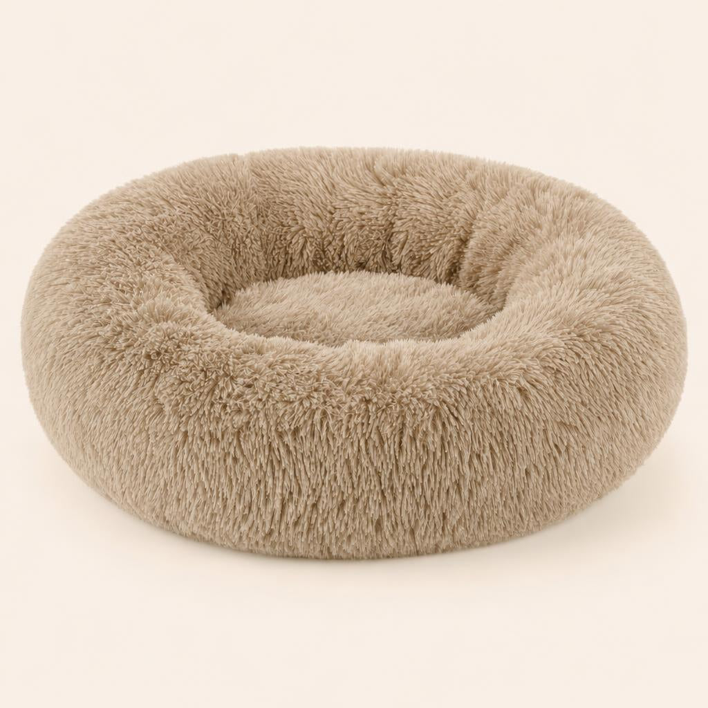 Cama donut de peluche redonda color caqui para perros y gatos