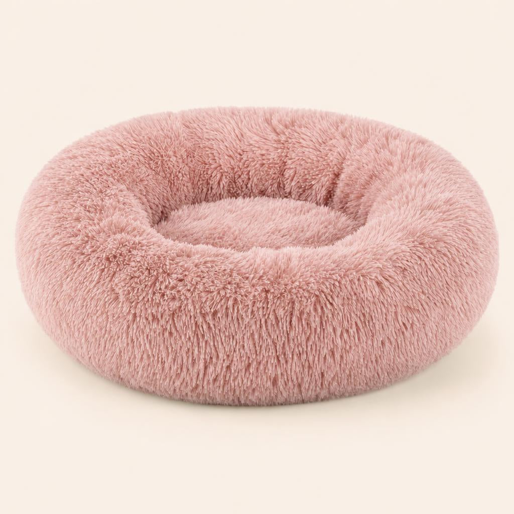 Cama donut de peluche redonda color rosa para perros y gatos